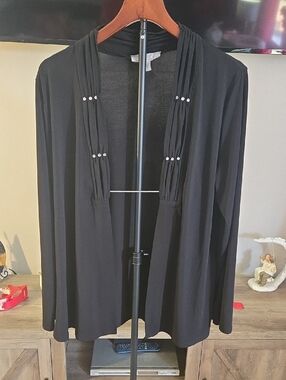 Black Open-Front Cardigan Blazer with Pleated Bead Trim
